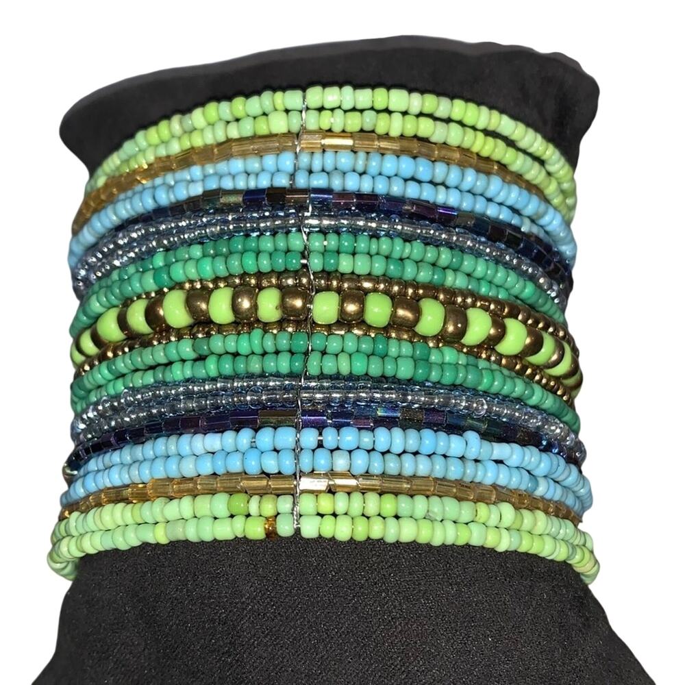 Wide‎ Beaded Cuff Bracelet Green Blue Multicolor Boho Statement Seed Bead